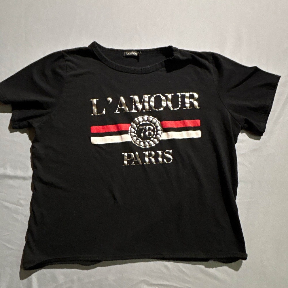Boohoo L'Amour Paris Graphic T-Shirt Black Silver Foil Stripe Size US 8